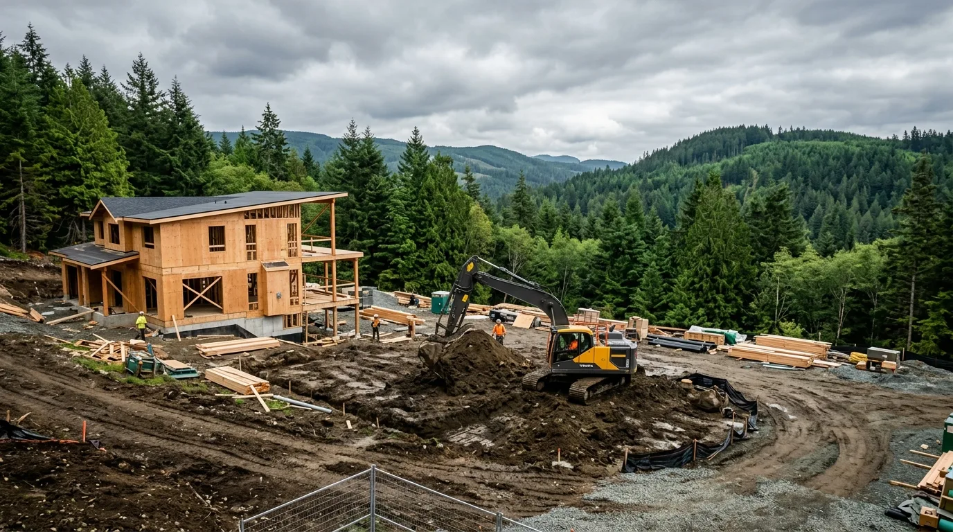 Excavator on a residential building site with forested hills behind