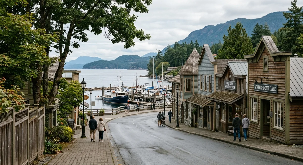 Waterfront town street with character buildings and mature shade trees, Chemainus BC