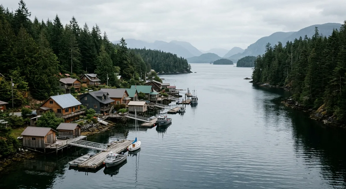 Small waterfront community on a calm ocean channel near Crofton BC