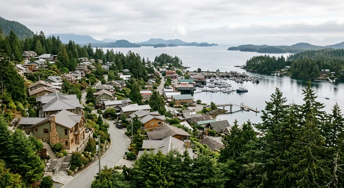 Coastal hillside town overlooking the ocean with distant islands, Ladysmith BC