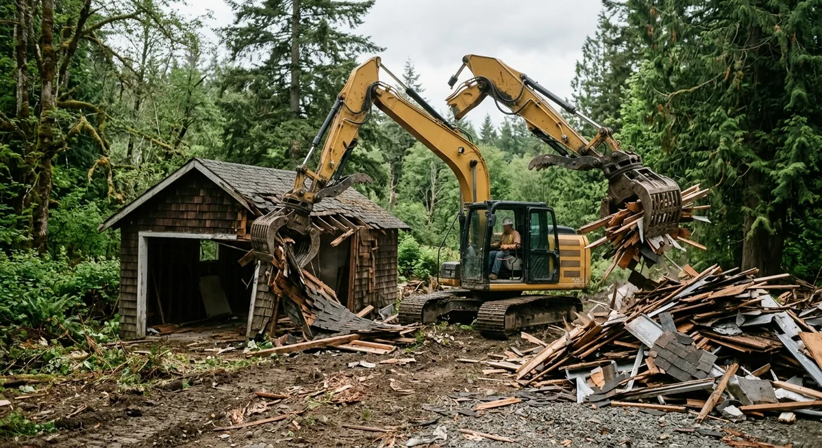 Excavator with a grapple attachment demolishing a small detached garage