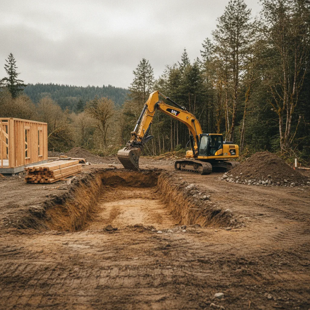 Excavator digging a foundation footprint on a cleared residential building lot