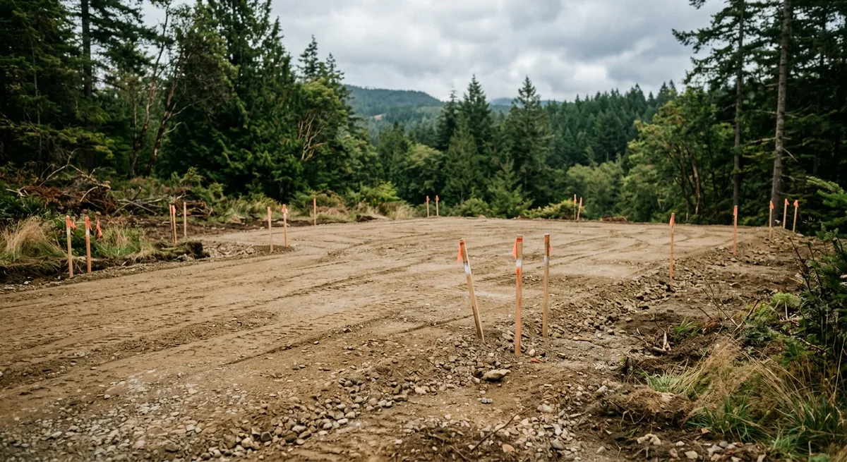Freshly graded and compacted building pad with survey stakes, ready for construction