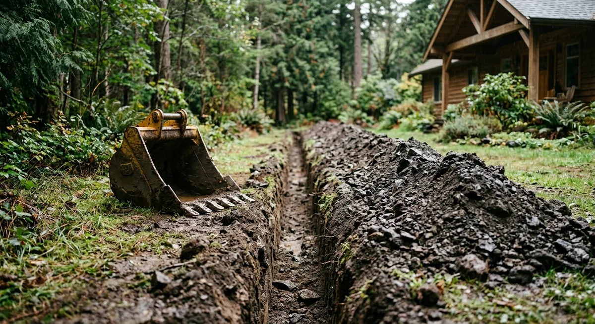 Narrow utility trench freshly cut across a property with soil piled along one edge